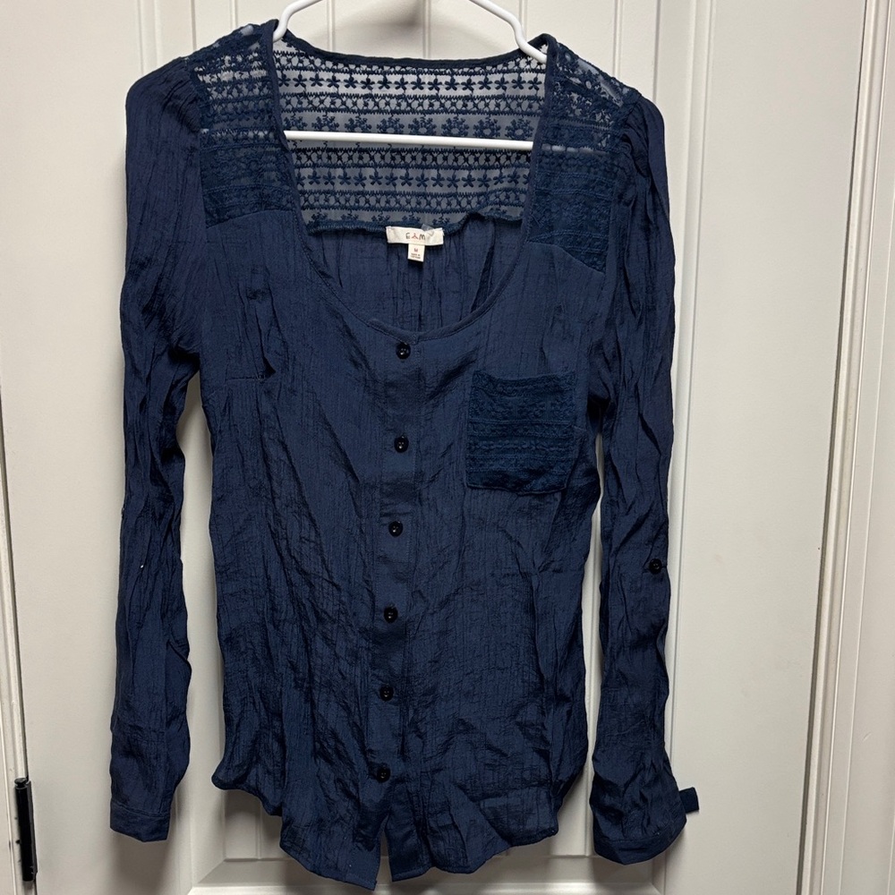 Elegant Navy Button-Down Shirt with Lace Accents